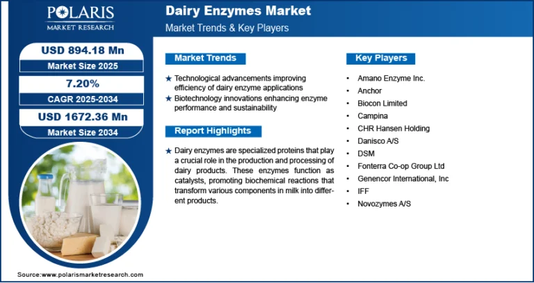 Dairy Enzymes Market is projected to reach USD 1,672.36 million by 2034, growing at a CAGR of 7.20%.