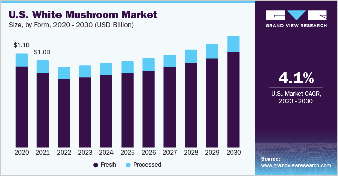 White Mushroom Market growing at a compound annual growth rate (CAGR) of 6.8% from 2023 to 2030